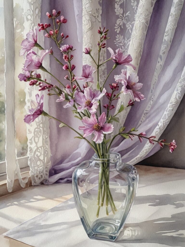揺れるカーテンの前に静かに開く花びら