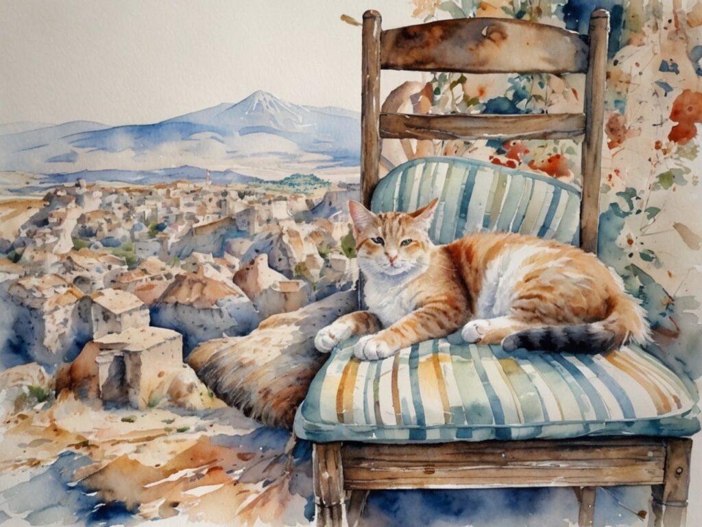 すこし目を離すと他の猫が(AI水彩画)