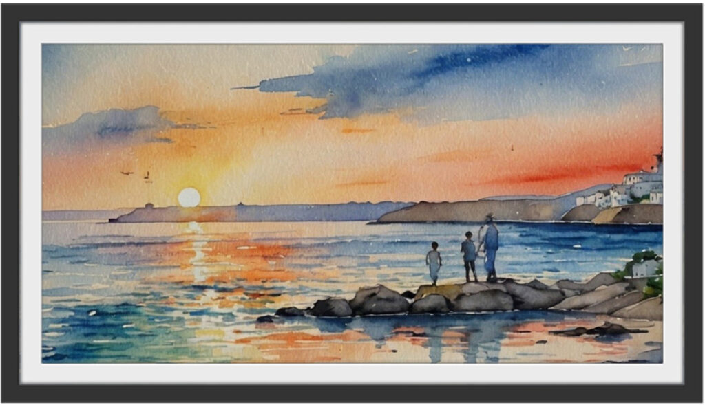 夕陽に輝く海岸線(水彩画）