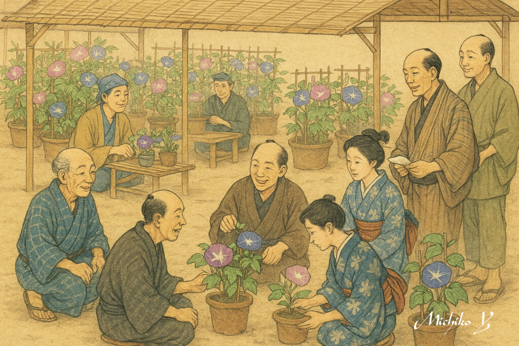 Microsoft Copilotで描く
サンプル3 イラスト風「江戸時代の朝顔展」