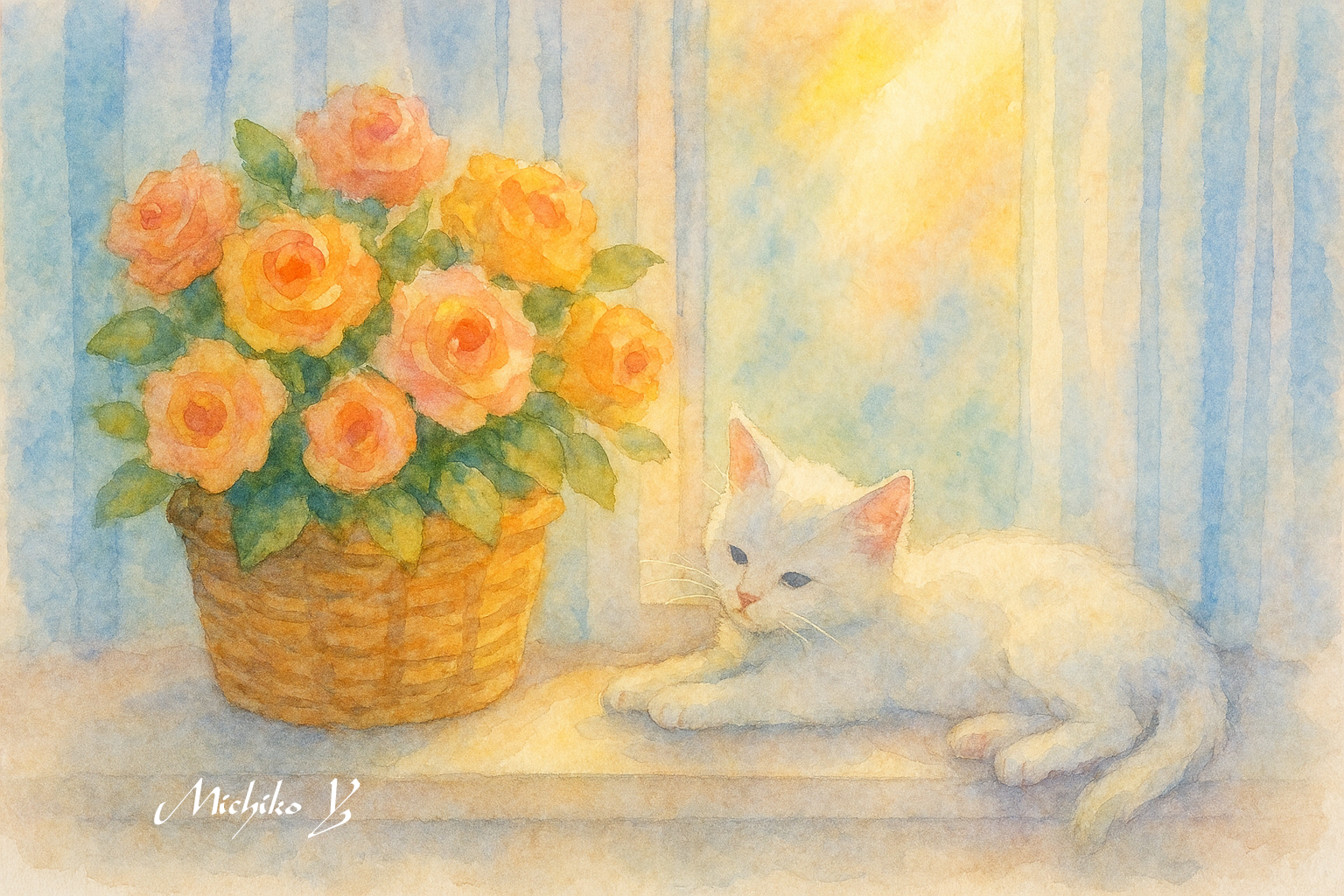 Microsoft Copilotで絵を描く
窓辺の白い猫とバラの花