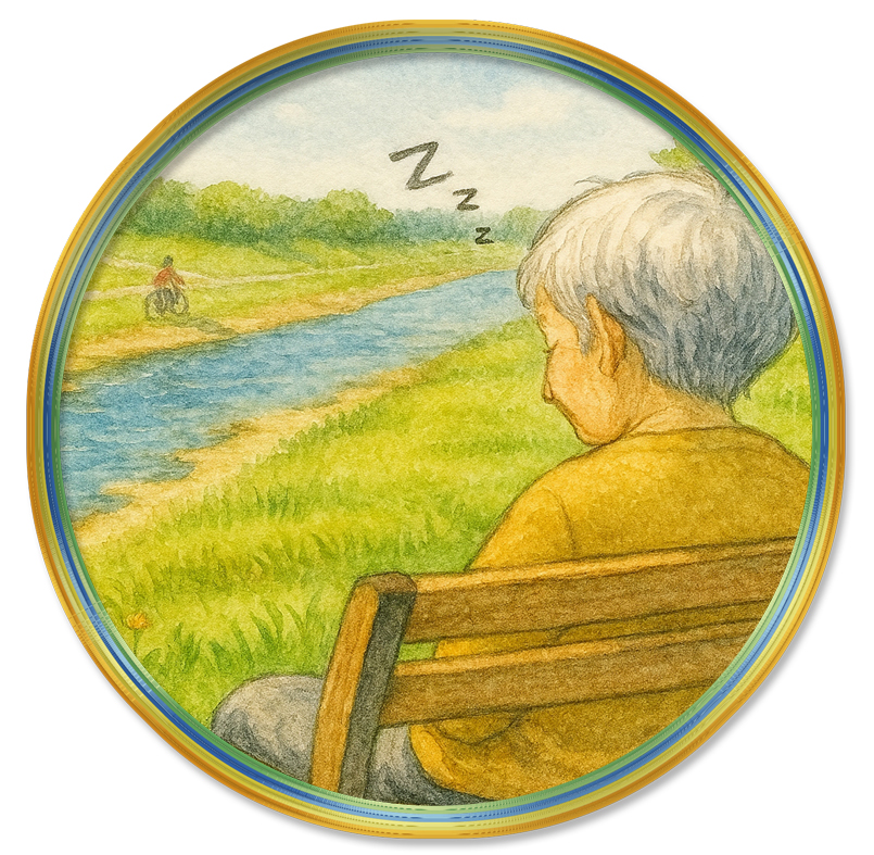 AI絵画の山田みち子とMicrosoft Copilotの共創。ベンチで居眠りしているさっちゃん。