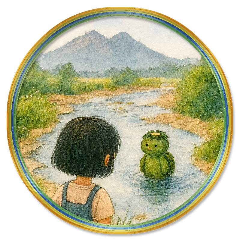 AI絵画の山田みち子とMicrosoft Copilotの共創。さっちゃんと河童の出会い場面。
