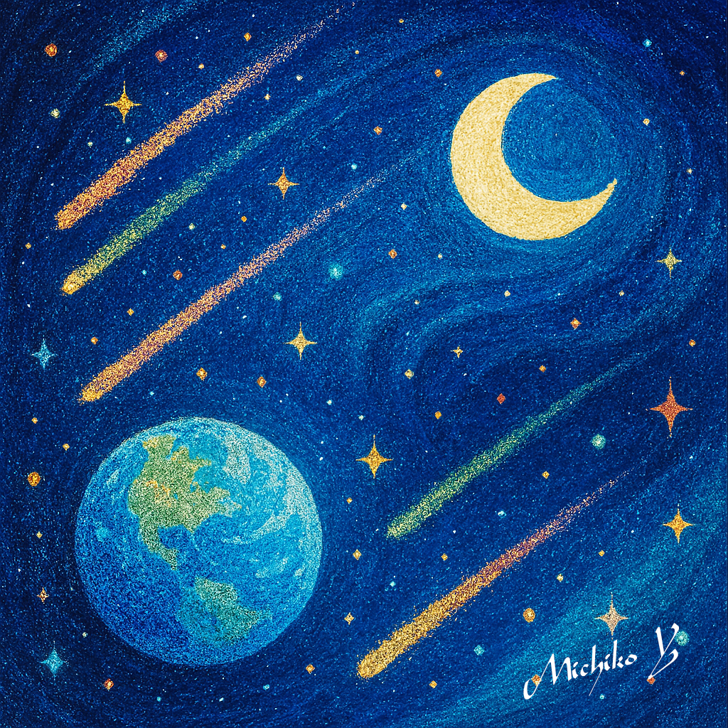 宇宙の絆。地球や月や流れ星がみんな友達のよう。パステル調のイラスト。