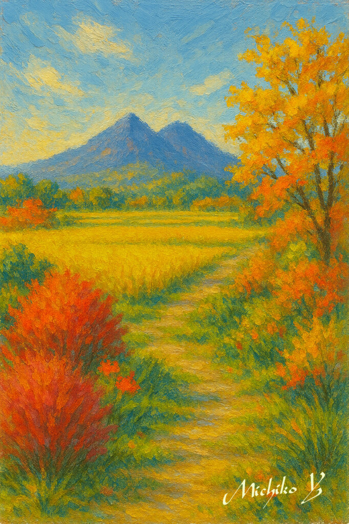 Microsoft Copilotで絵を描く
サンプル1 油絵風「秋の筑波山」